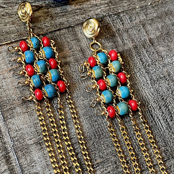 NEW Ceramic Beaded Gold Tassel Earrings - Picture 4 of 13